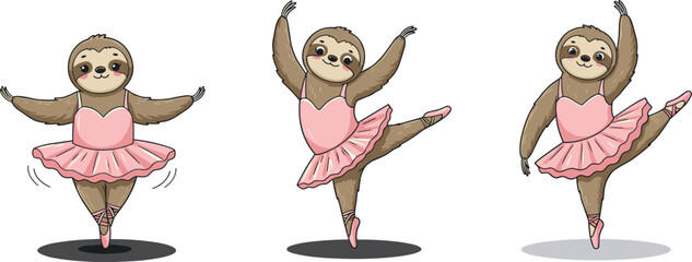 Cute sloth ballerina dancing in pink tutu, funny sloth doing ballet poses, adorable animal dance illustration © MdSobhan