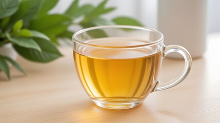 Savor the moment with a refreshing cup of golden herbal tea, a perfect symbol of relaxation and wellness amidst natural green foliage.