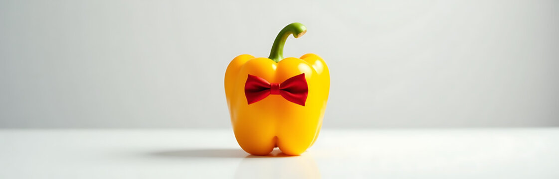 bright yellow bell pepper two dark brown vibrant red bow tie sits centered crisp white surface illuminated soft
