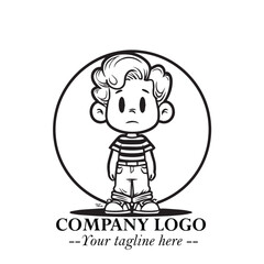 Black and White Chibi Boy Illustration with Jacket and Boots in Bold Thick Line Art Minimal Style