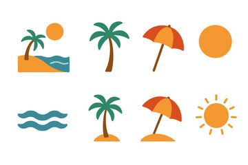 Obraz premium Beach icons set: palm trees, umbrellas, and waves in flat design