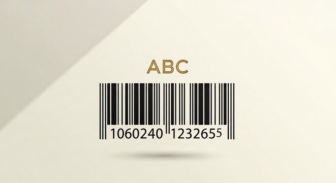 A close-up illustration of a standard barcode with the letters ABC and numbers on a beige background.