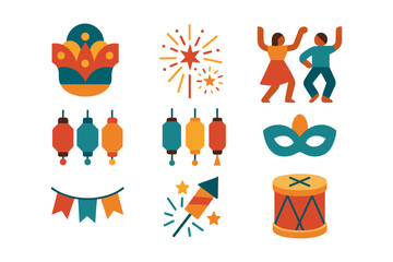 Fototapeta premium Festive carnival icons set featuring mask, dancers, and fireworks in flat colorful design
