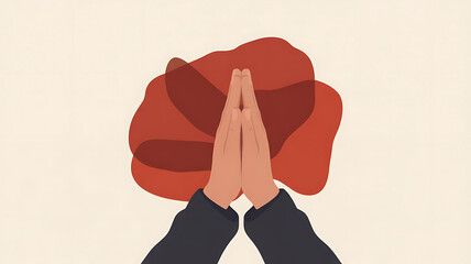 Hands in prayer gesture with a large red flower behind them against a light background
