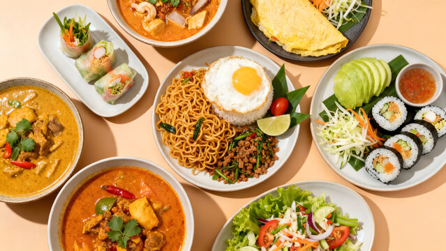 Assorted Asian dishes on table