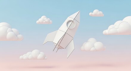 3D illustration of a paper rocket folded like origami