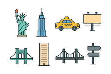Naklejka premium New york city icon set: liberty, skyscraper, taxi, and more in flat design