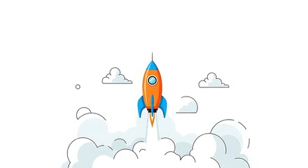 Flat vector illustration of a small rocket being launched upwards, isolated on a white background.