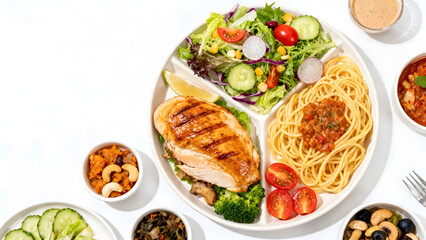 Fototapeta premium Grilled chicken pasta salad meal
