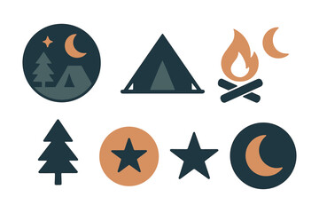 Camping symbols set: tent, campfire, moon, star, and tree icons in flat design