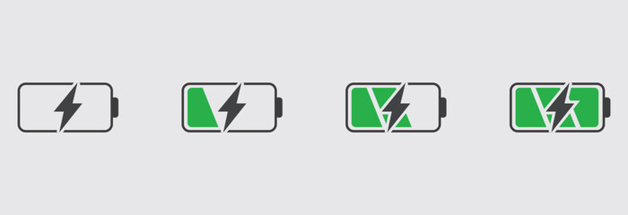 Green and Black Battery Power Icons — Energy Charge Level Vector Set