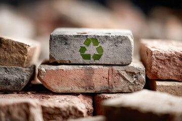 Stacked old bricks with a green recycled symbol emphasizing sustainable building materials and eco-friendly construction concepts in a natural setting