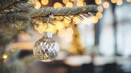 cinematic. A decorated Christmas ornament hangs on a pine branch with warm, blurry lights in the background. event programs, museum guides, designed for cultural heritage projects and event programs.