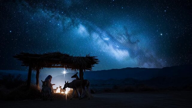 Nativity scene, Christian Christmas concept, Birth of Jesus Christ. Family with holy child in barn in dark blue night.