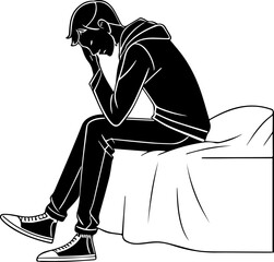 Silhouette of Person in Distress on Bed – Emotional Scene Vector