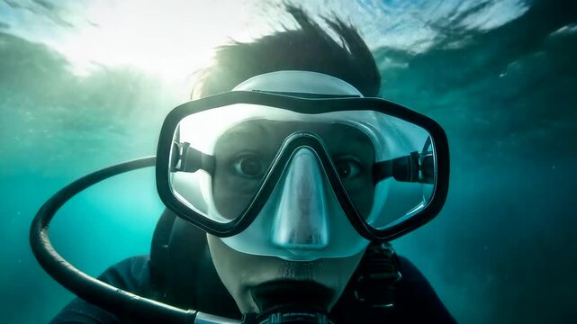Scuba Diver Underwater Mask Oxygen Tank Ocean Exploration Sea Adventure Dive Scene