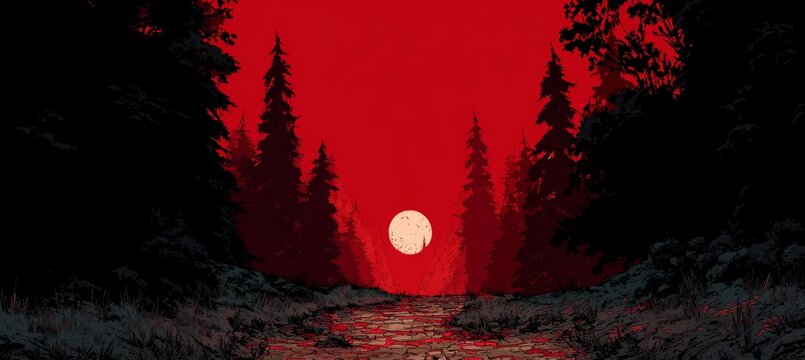 Full moon on dark red creepy night forest river background. Generative AI technology.	
