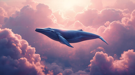 Fototapeta premium Surreal Blue Whale Swimming in a Dreamy Sky Filled with Pink Clouds, Fantasy Animal in the Heavens, Conceptual Art
