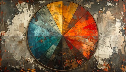 Fototapeta premium The image displays a circular abstract art piece with a color wheel inside a
