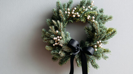 Obraz premium Decorative Christmas wreath made of pine branches with white berries and a black satin bow hanging on a light gray textured wall