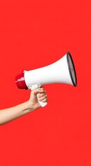 Hand Holding Red and White Megaphone on Clean Red Background