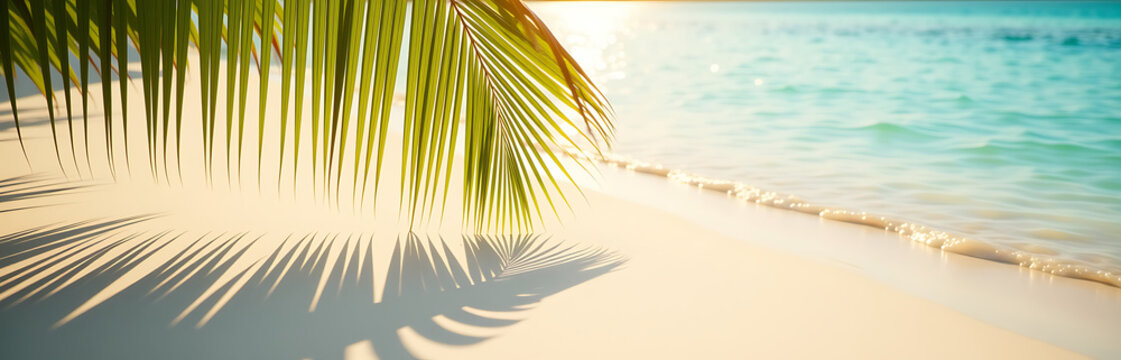 warm summer afternoon sun casts soft glow serene beach scene scattering palm fronds creating natural shadow play