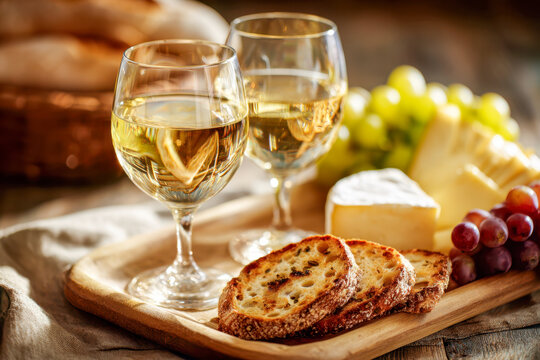Two glasses of chilled white wine served with toasted bread slices, creamy cheese, and fresh green and red grapes on a wooden board for a rustic snack experience - Powered by Adobe