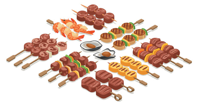 Isometric grilled skewers and seafood platter: assorted bbq delights on sticks