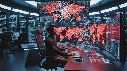 Man Analyzes Data in Futuristic Cyber Security Control Center - Powered by Adobe