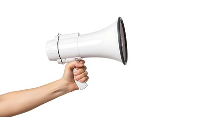 Hand Holding White Megaphone on Clean White Background