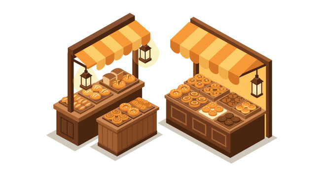 Isometric bakery stalls with fresh baked goods and pastries display