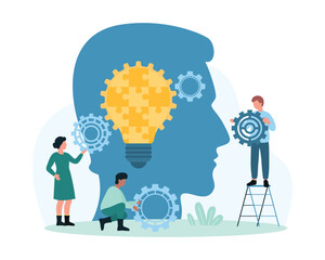 Critical thinking for problem solving vector illustration. Cartoon tiny people work with gears and light bulb from puzzle pieces in abstract head, innovation critic skill to find creative solution