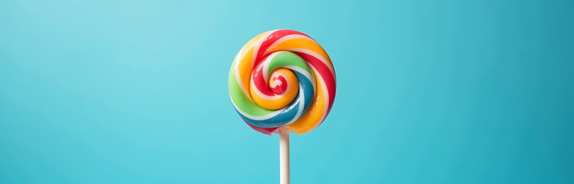 vibrant lollipop centered serene blue backdrop radiating soft light tip shallow focus emphasizing