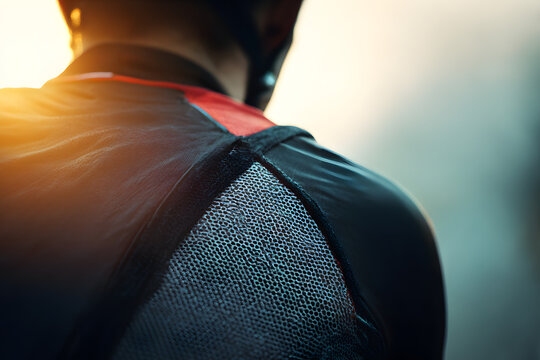 Athlete's Gaze: A cyclist's focused posture, a study in determination, framed against the soft glow of a competitive course ahead.