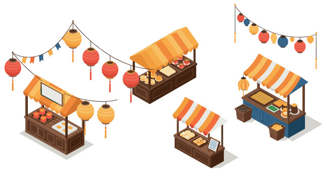 Vibrant market stalls with colorful lanterns in isometric design