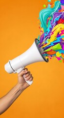 A hand holding a white megaphone with an abstract explosion of shapes on an orange background.