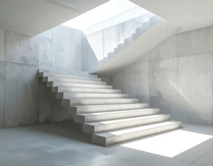 Obraz premium Modern Concrete Staircase Illuminated by Natural Skylight Sunlight Casting Shadows Indoors