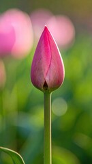 Pink Tulip Bloom: A close-up showcases a delicate, pink tulip bud poised to bloom, its petals tightly furled against a soft, blurred backdrop of garden greens.