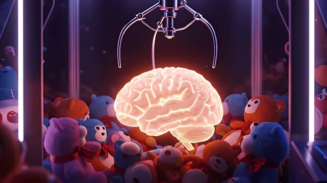 Glowing Human Brain In A Claw Machine Surrounded By Colorful Stuffed Animals In A Dark Arcade At Night With Neon Lights