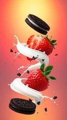 Delectable Symphony of Flavors: An artful composition of a fresh, juicy strawberry and a sandwich cookie, intertwined with a flowing stream of creamy milk against a vibrant gradient background. 