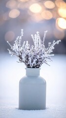 Winter's Frosty Embrace: A delicate arrangement of icy branches stands gracefully in a pristine white vase, embraced by the serene atmosphere of a winter landscape.
