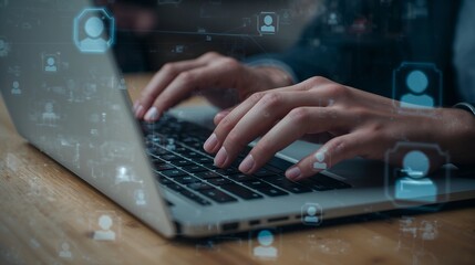 hands are typing on laptop, social network concept