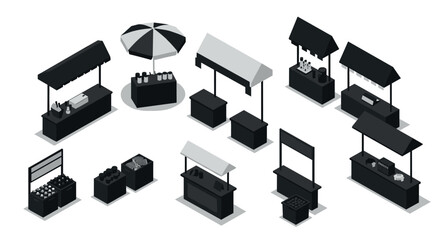 Monochrome market stalls isometric design