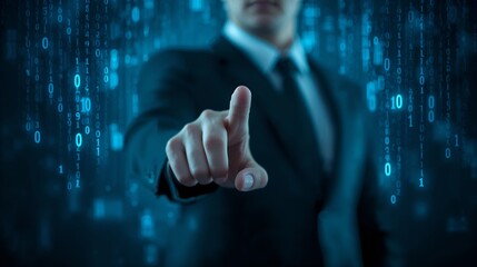 a businessman in a suit pointing his finger towards a futuristic digital interface. The background is filled with streams of binary code. The image represents the concepts of technology, innovation.