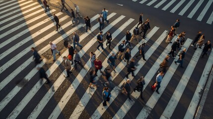 A high-angle shot captures a crowded crosswalk. People are walking across a zebra crossing during the sunset