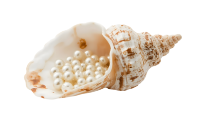 Natural seashell filled with shiny white pearls isolated on the transparent background, marine treasure, ocean gemstones, nautical decor, coastal luxury