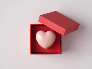 A delicate heart shaped object rests inside an open red gift box