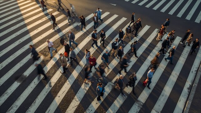A high-angle shot captures a crowded crosswalk. People are walking across a zebra crossing during the sunset