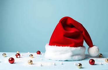 vibrant santa hat sits atop snowy white backdrop surrounded minimalist festive accents soft diffused blue light subtle
