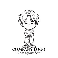 Black and White Chibi Boy Illustration with Jacket and Boots in Bold Thick Line Art Minimal Style